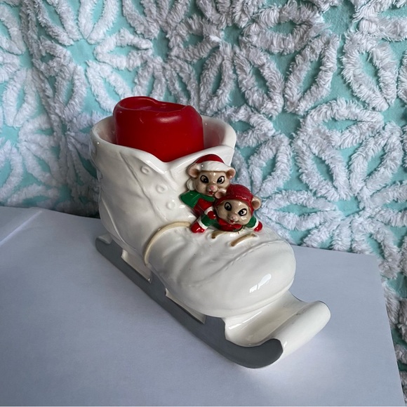 Vintage Christmas Mice riding in Santas sleigh candle holder decoration figurine - Picture 2 of 5